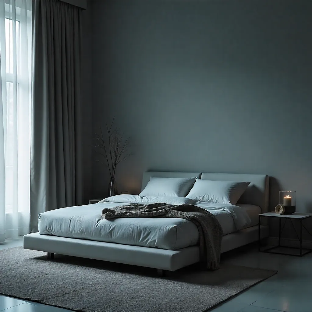 Low platform bed in minimalist bedroom setting