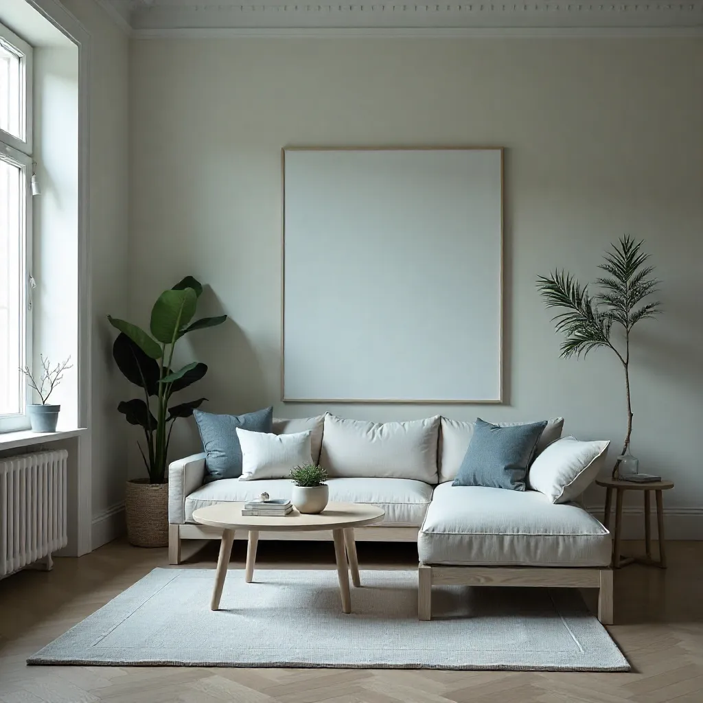 Serene living room with pale tones and minimalist design